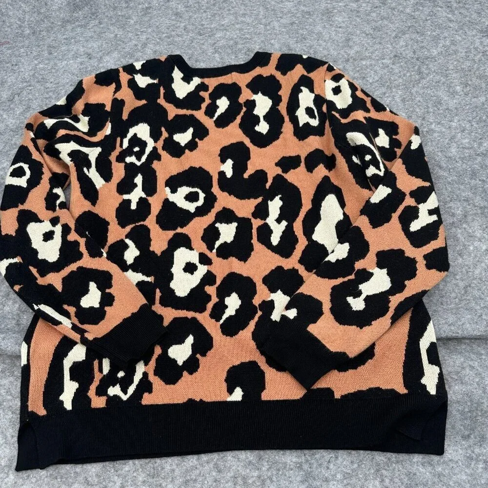 Philosophy Womens Sweater XL Animal Print Tan Black Rayon Crew Neck Long Sleeves